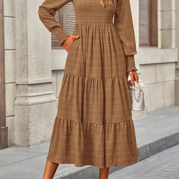 Women's Fall Dresses 2025 Puff Long Sleeve Square Neck Dress High Waist Smocked - Picture 7 of 9